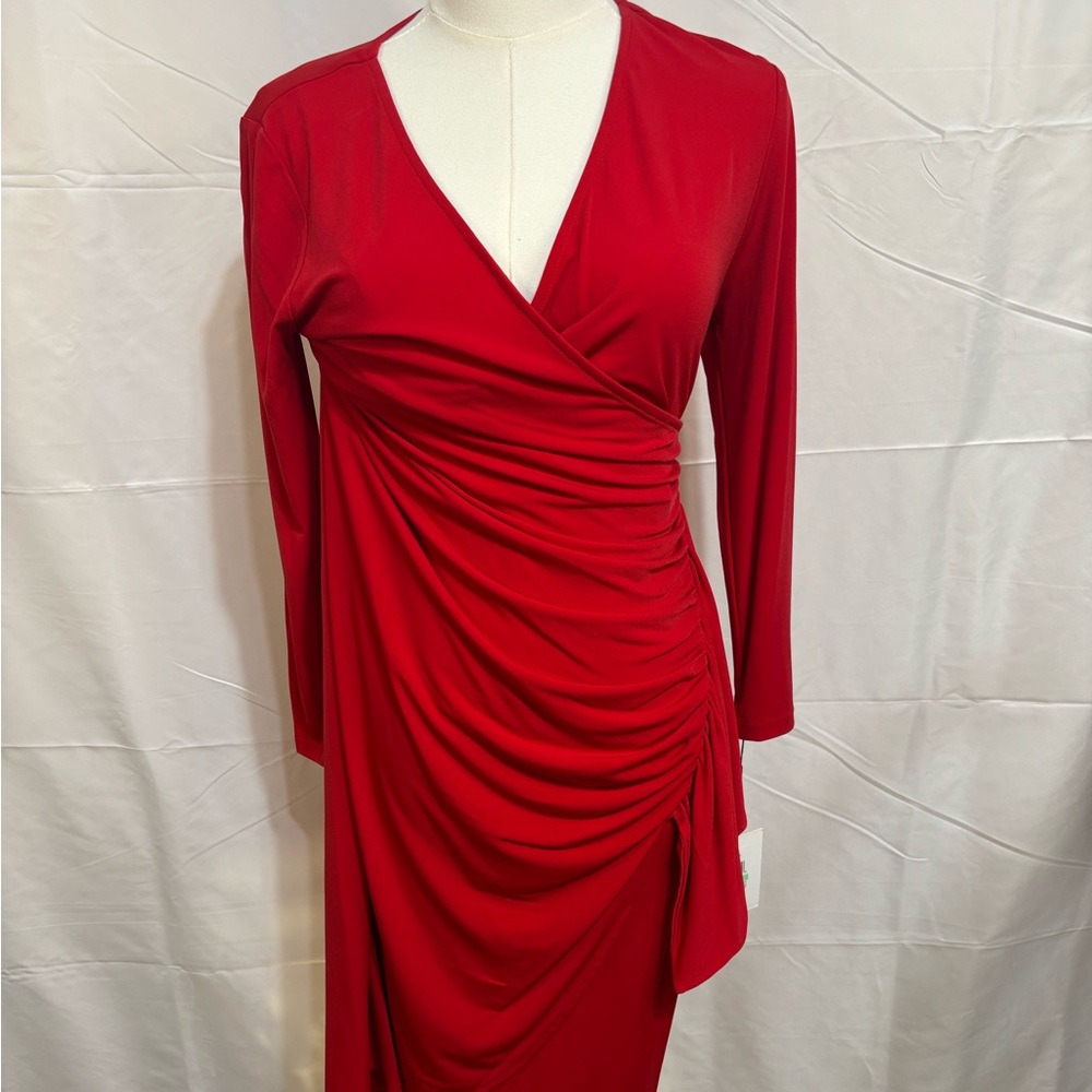 Calvin Klein Red Ruched Wrap Dress Size 8 NWT Long Sleeve MSRP $99